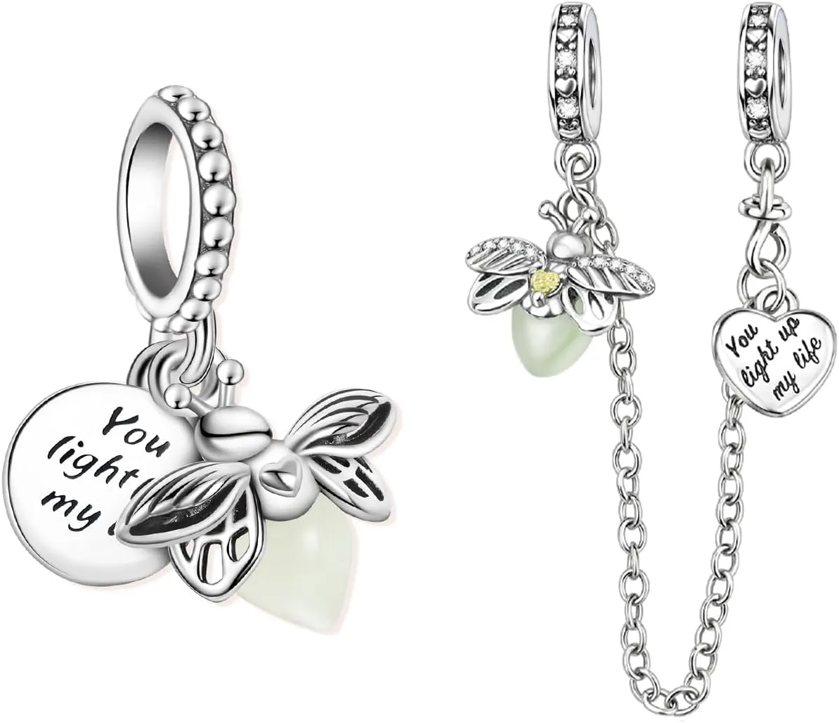 Charms Beads 925 Sterling Silver Firefly Safety Chain Dangle Pendant with 5A Cubic fits for Charms Bracelets for Woman Mother's Day Christmas Birthday Gift 2 packs