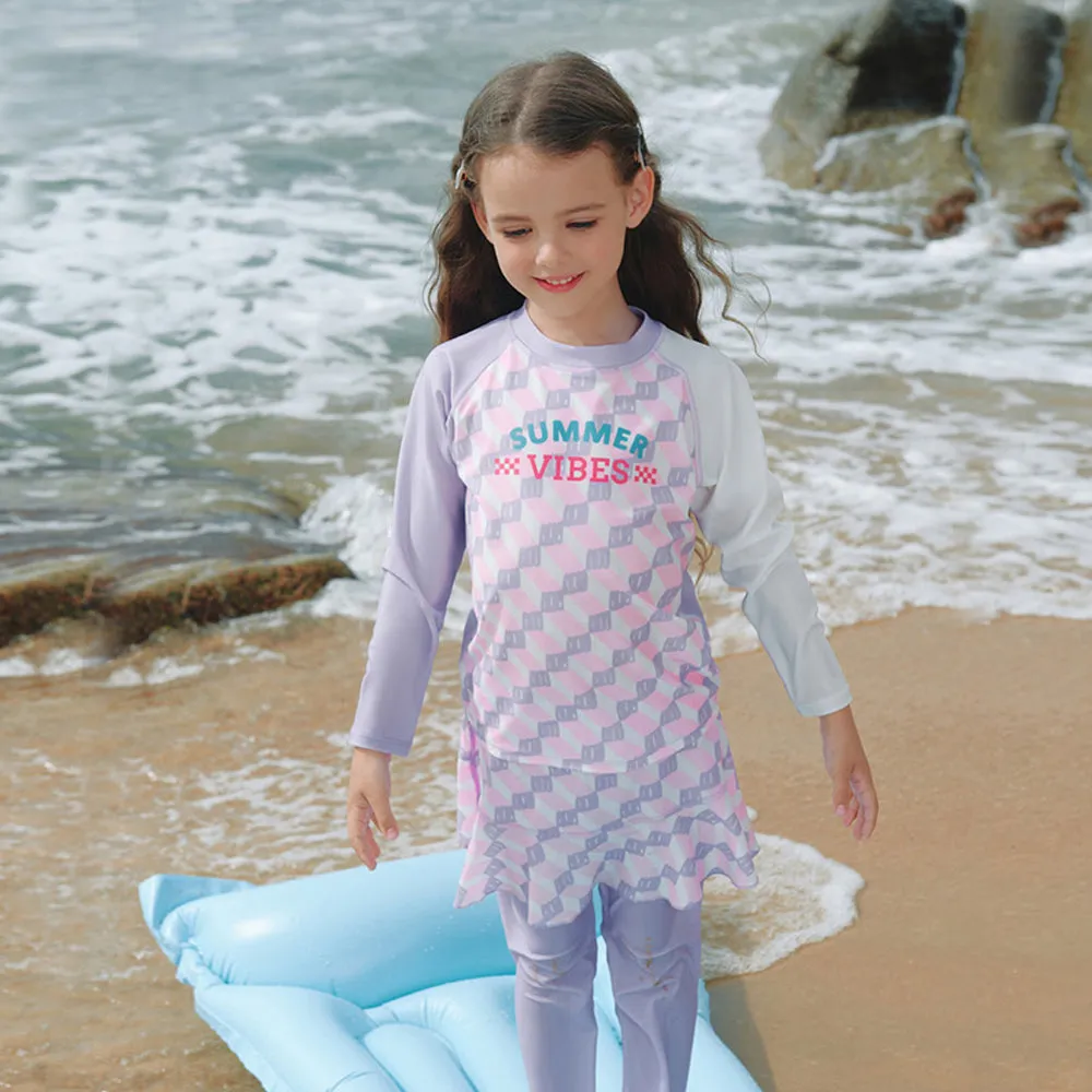 Checkered Swimsuit for Girl- 2Pcs (UPF 50 &A) - Purple