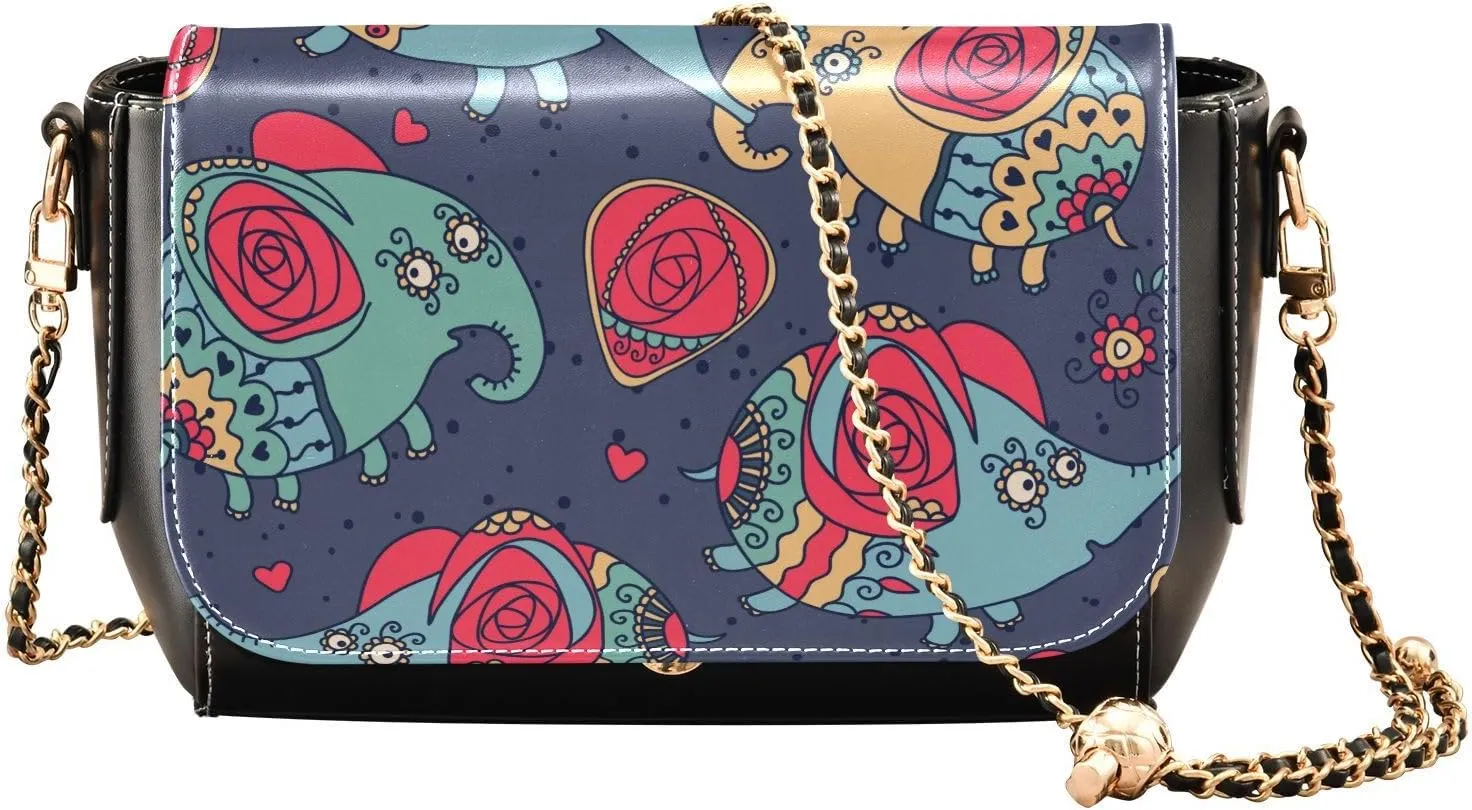 Cheerful Elephants and Roses Crossbody Bags for Women, Trendy Small Shoulder Bag, PU Leather Clutch Purse Underarm Handbag Satchel HandBag with Adjustable Metal Chain