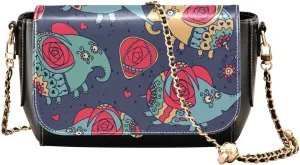 Cheerful Elephants and Roses Crossbody Bags for Women, Trendy Small Shoulder Bag, PU Leather Clutch Purse Underarm Handbag Satchel HandBag with Adjustable Metal Chain