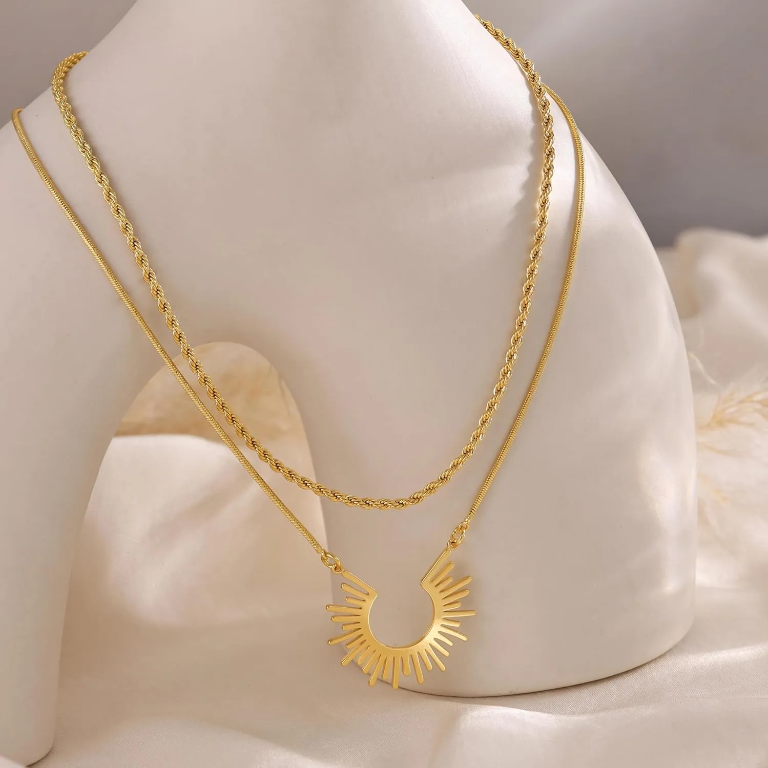 CHESKY Gold Pendant Necklace for Women, 14K Gold Plated Cubic Zirconia Dainty Sun and Moon Necklace Cute Minimalist Diamond Gemstone Turquoise Chain Choker Sunflower Necklace Jewelry Gifts for Women