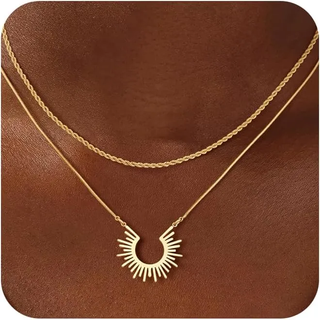 CHESKY Gold Pendant Necklace for Women, 14K Gold Plated Cubic Zirconia Dainty Sun and Moon Necklace Cute Minimalist Diamond Gemstone Turquoise Chain Choker Sunflower Necklace Jewelry Gifts for Women