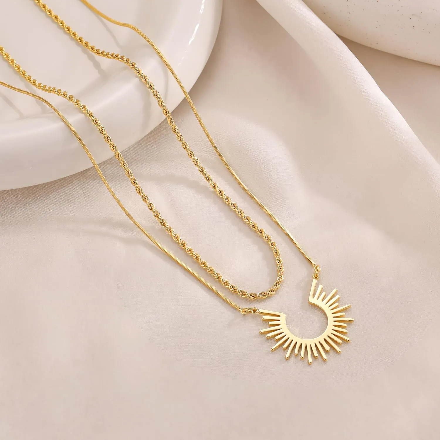 CHESKY Gold Pendant Necklace for Women, 14K Gold Plated Cubic Zirconia Dainty Sun and Moon Necklace Cute Minimalist Diamond Gemstone Turquoise Chain Choker Sunflower Necklace Jewelry Gifts for Women
