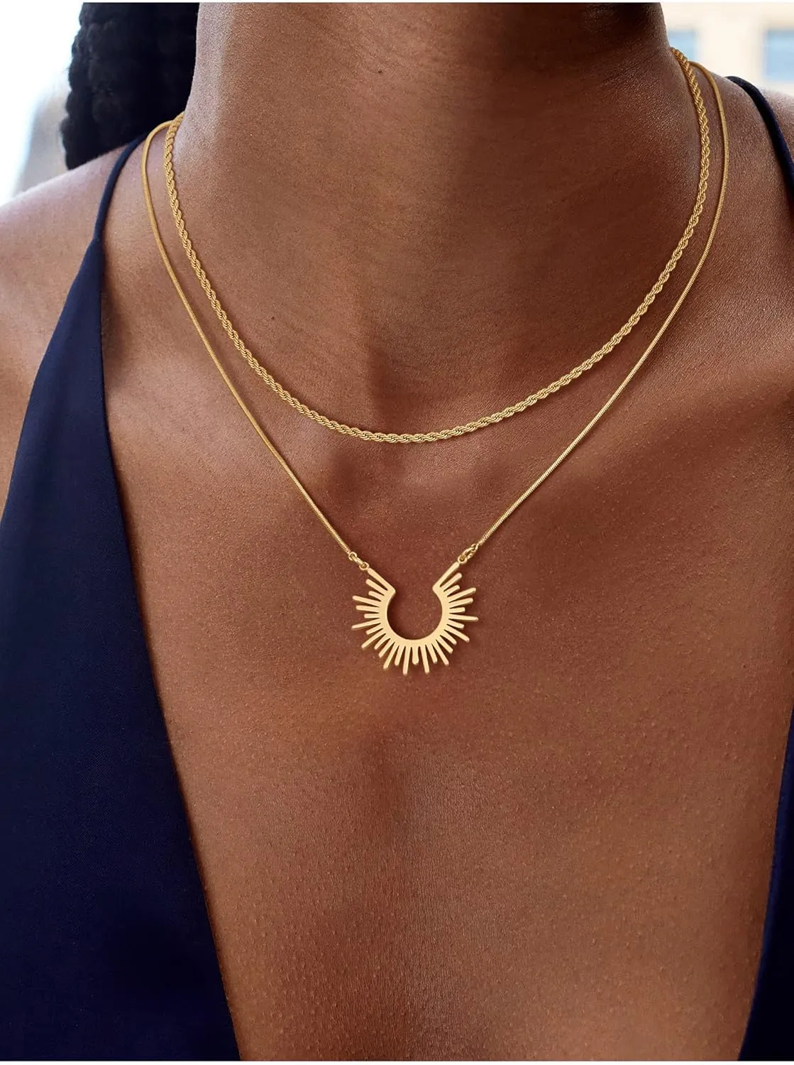 CHESKY Gold Pendant Necklace for Women, 14K Gold Plated Cubic Zirconia Dainty Sun and Moon Necklace Cute Minimalist Diamond Gemstone Turquoise Chain Choker Sunflower Necklace Jewelry Gifts for Women