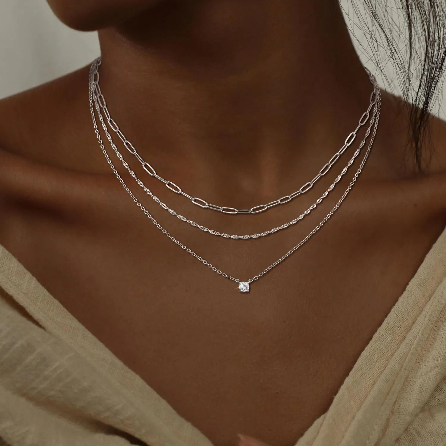 CHESKY Layered Silver Necklaces for Women Trendy,Streling Silver Dainty Stackable Charm Necklace for Womens Layering Paperclip Tennis Rope Chain Diamond Pendant Necklaces Jewelry Set for Women Gifts