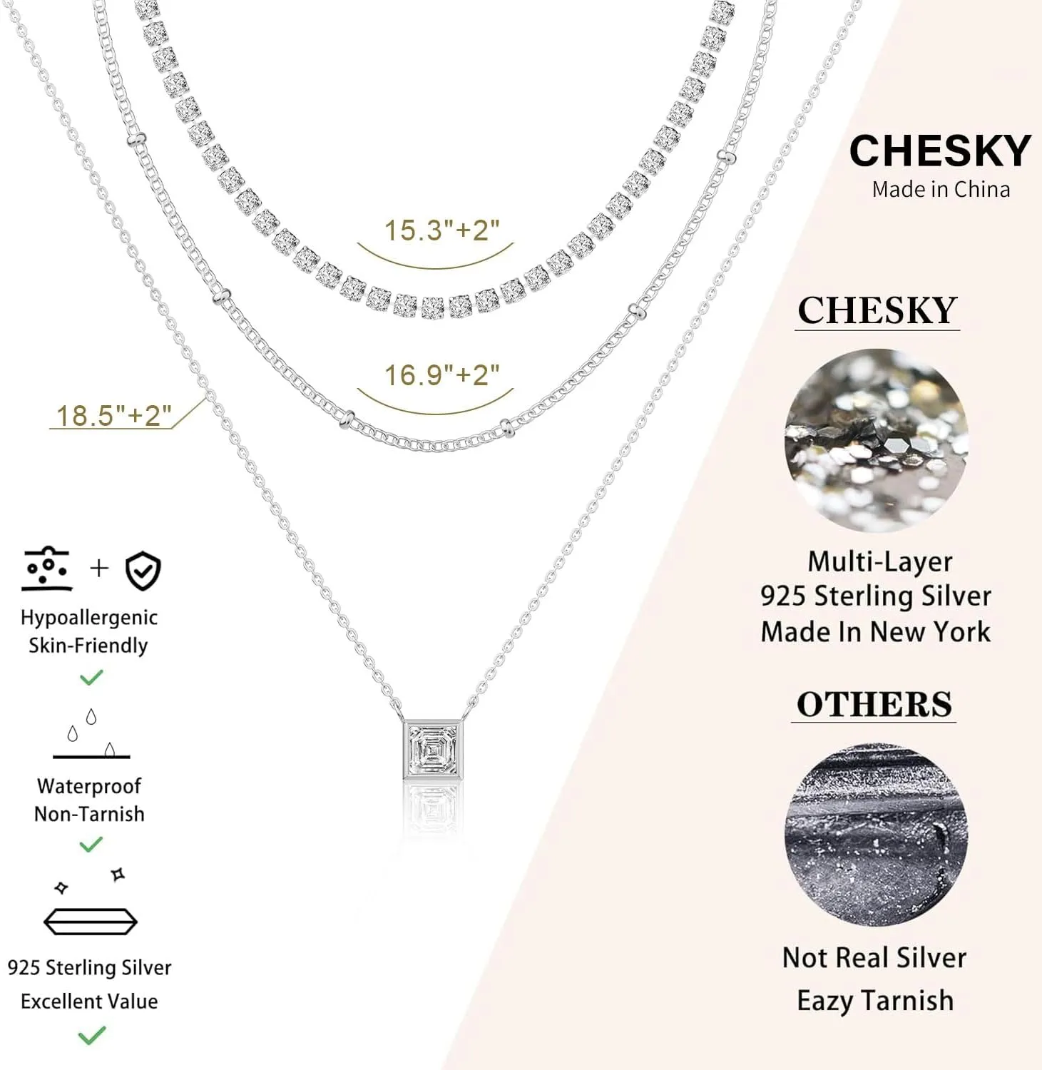CHESKY Layered Silver Necklaces for Women Trendy,Streling Silver Dainty Stackable Charm Necklace for Womens Layering Paperclip Tennis Rope Chain Diamond Pendant Necklaces Jewelry Set for Women Gifts