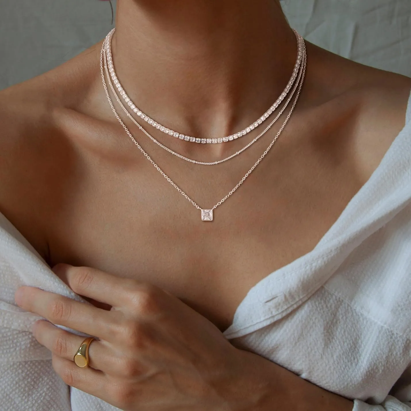 CHESKY Layered Silver Necklaces for Women Trendy,Streling Silver Dainty Stackable Charm Necklace for Womens Layering Paperclip Tennis Rope Chain Diamond Pendant Necklaces Jewelry Set for Women Gifts