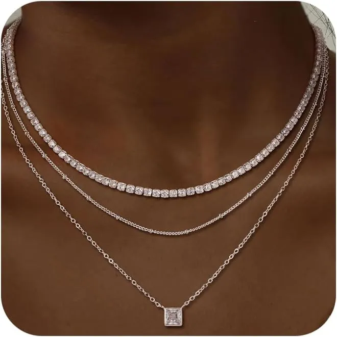 CHESKY Layered Silver Necklaces for Women Trendy,Streling Silver Dainty Stackable Charm Necklace for Womens Layering Paperclip Tennis Rope Chain Diamond Pendant Necklaces Jewelry Set for Women Gifts