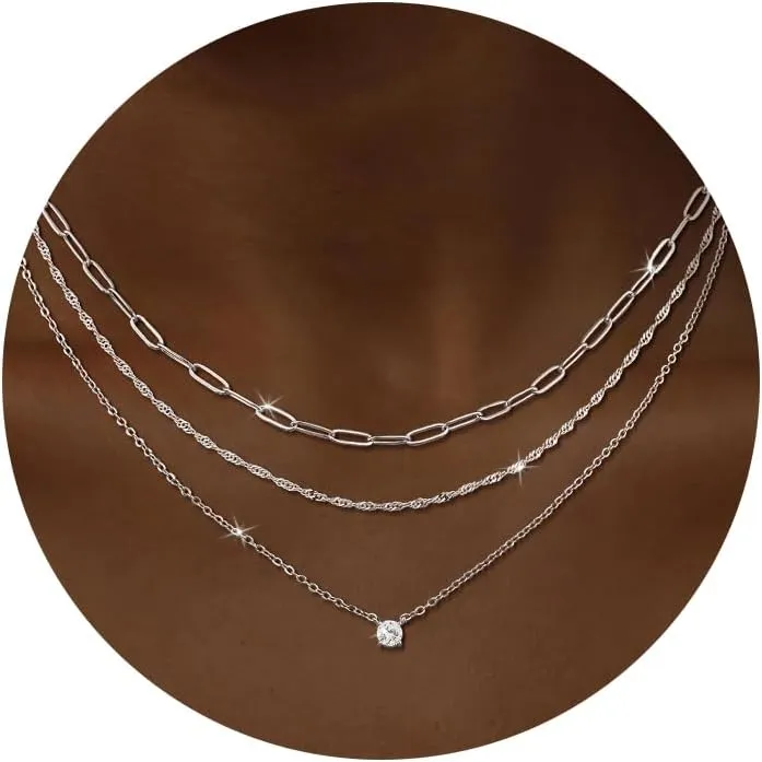 CHESKY Layered Silver Necklaces for Women Trendy,Streling Silver Dainty Stackable Charm Necklace for Womens Layering Paperclip Tennis Rope Chain Diamond Pendant Necklaces Jewelry Set for Women Gifts