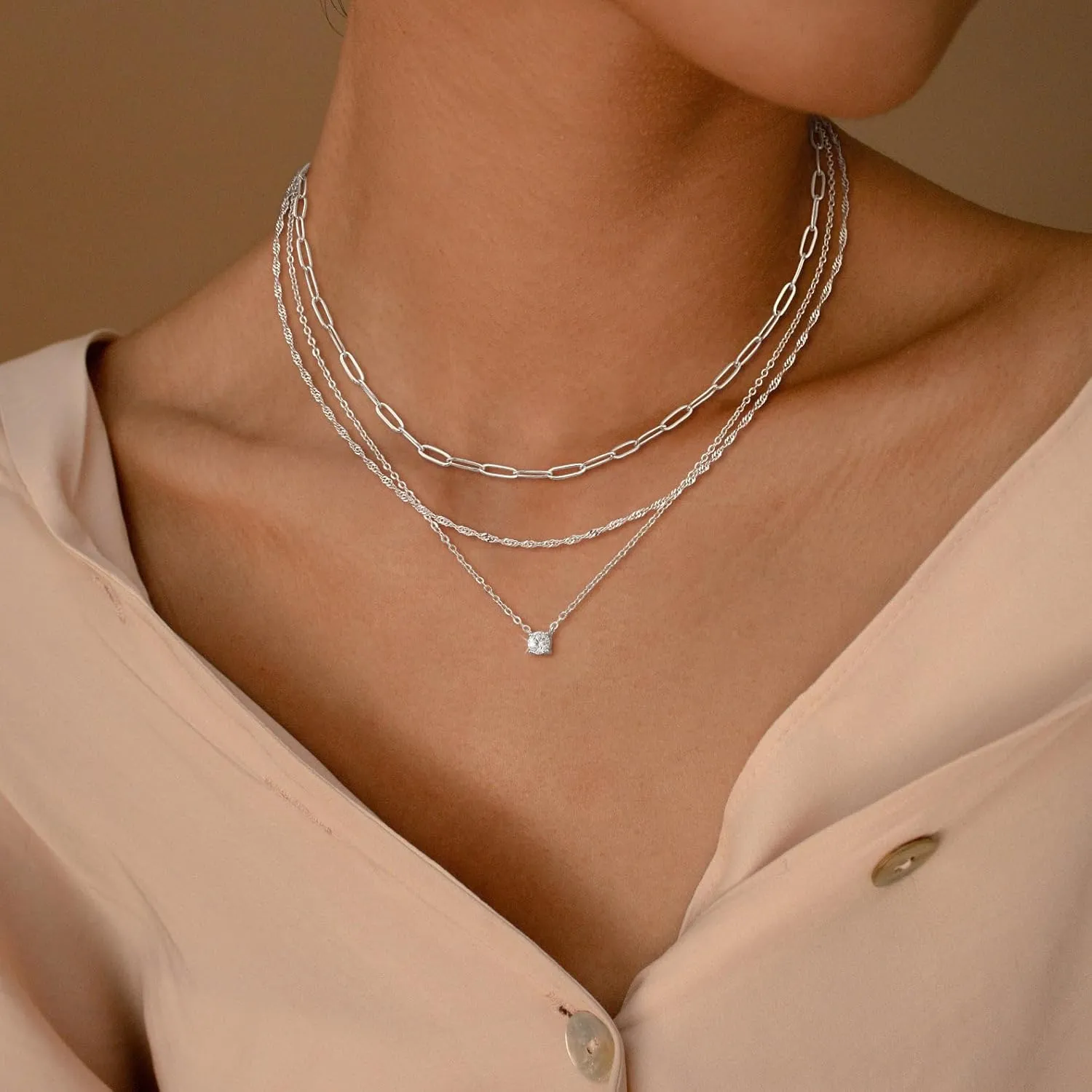 CHESKY Layered Silver Necklaces for Women Trendy,Streling Silver Dainty Stackable Charm Necklace for Womens Layering Paperclip Tennis Rope Chain Diamond Pendant Necklaces Jewelry Set for Women Gifts