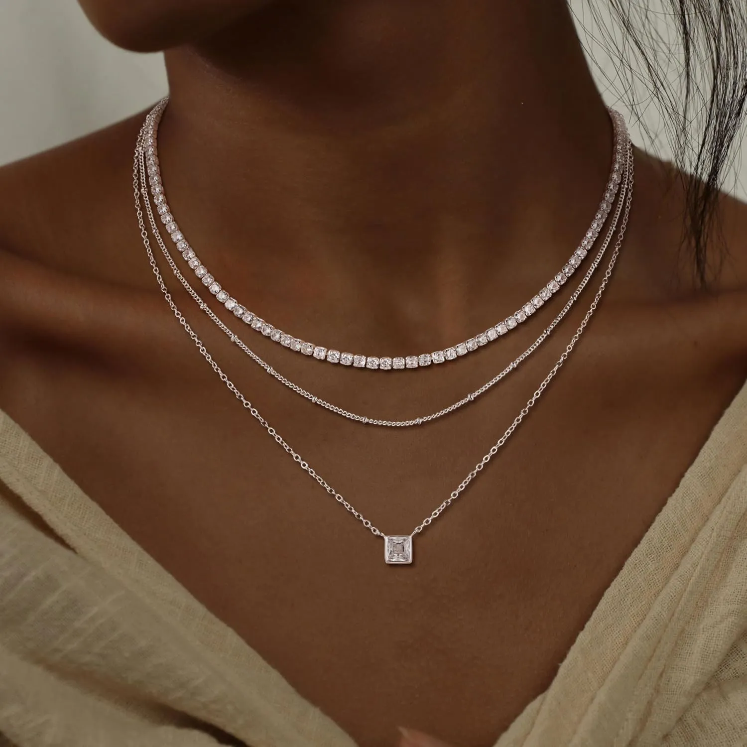 CHESKY Layered Silver Necklaces for Women Trendy,Streling Silver Dainty Stackable Charm Necklace for Womens Layering Paperclip Tennis Rope Chain Diamond Pendant Necklaces Jewelry Set for Women Gifts