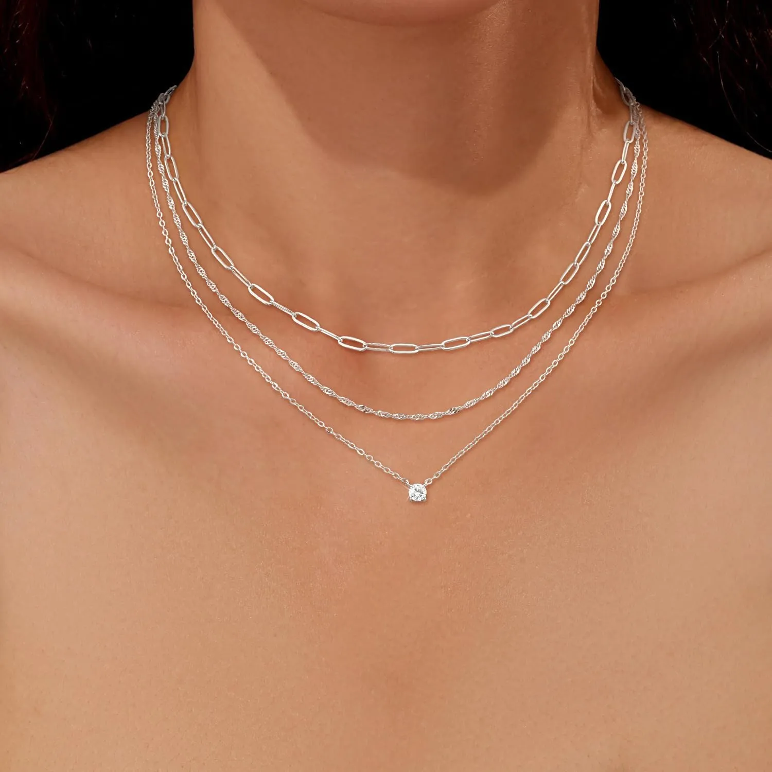 CHESKY Layered Silver Necklaces for Women Trendy,Streling Silver Dainty Stackable Charm Necklace for Womens Layering Paperclip Tennis Rope Chain Diamond Pendant Necklaces Jewelry Set for Women Gifts