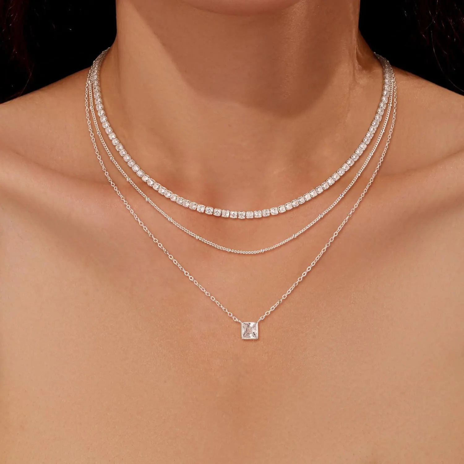CHESKY Layered Silver Necklaces for Women Trendy,Streling Silver Dainty Stackable Charm Necklace for Womens Layering Paperclip Tennis Rope Chain Diamond Pendant Necklaces Jewelry Set for Women Gifts