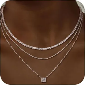 CHESKY Layered Silver Necklaces for Women Trendy,Streling Silver Dainty Stackable Charm Necklace for Womens Layering Paperclip Tennis Rope Chain Diamond Pendant Necklaces Jewelry Set for Women Gifts