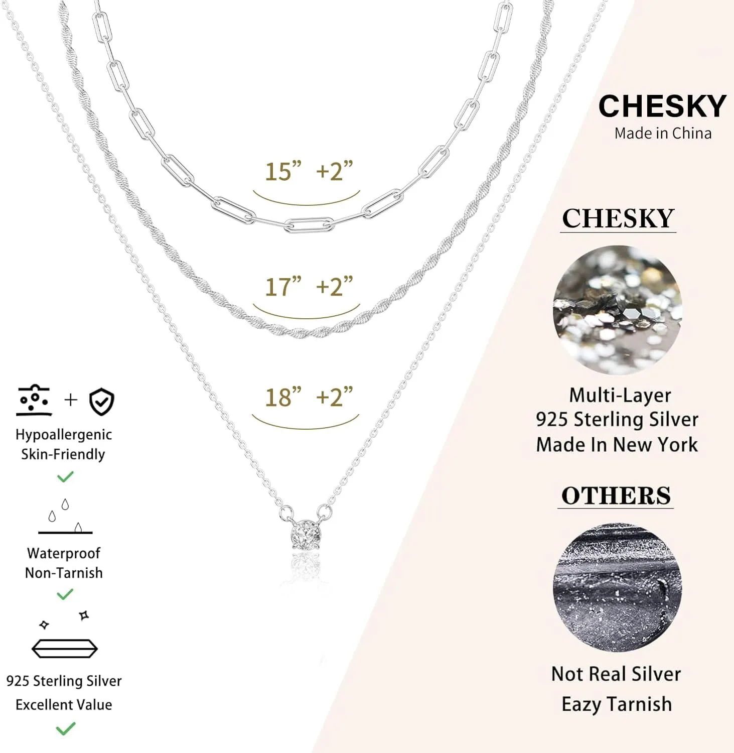 CHESKY Layered Silver Necklaces for Women Trendy,Streling Silver Dainty Stackable Charm Necklace for Womens Layering Paperclip Tennis Rope Chain Diamond Pendant Necklaces Jewelry Set for Women Gifts