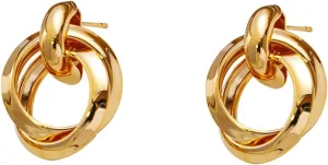 Chunky Gold Twisted Dangle Stud Earrings for Women Statement Exaggerated Double Circle Round Oval Geometric Polished Metal Hoop Earrings for Outfit Decoration Jewelry Accessories
