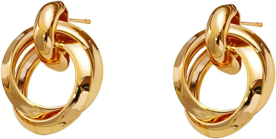 Chunky Gold Twisted Dangle Stud Earrings for Women Statement Exaggerated Double Circle Round Oval Geometric Polished Metal Hoop Earrings for Outfit Decoration Jewelry Accessories