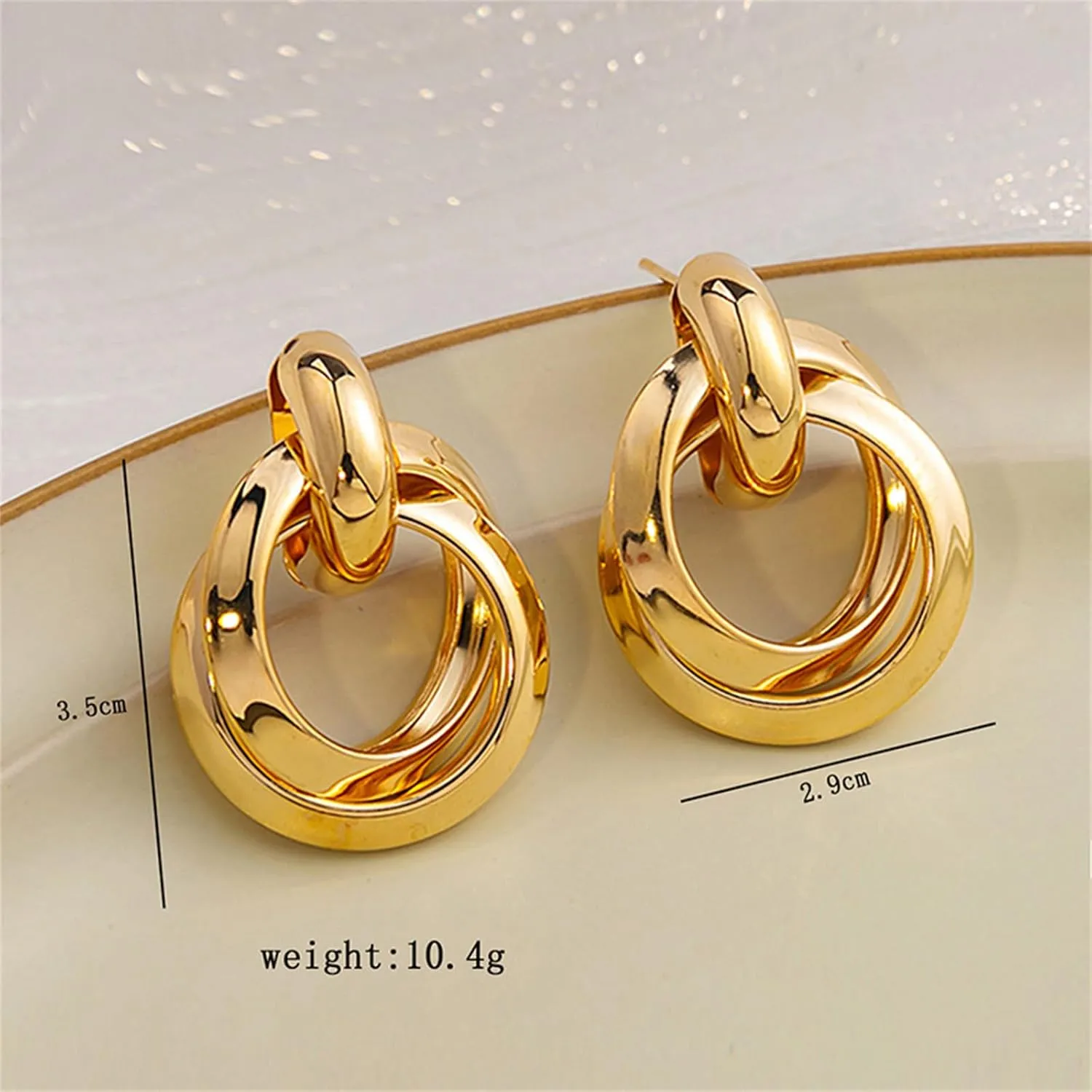 Chunky Gold Twisted Dangle Stud Earrings for Women Statement Exaggerated Double Circle Round Oval Geometric Polished Metal Hoop Earrings for Outfit Decoration Jewelry Accessories