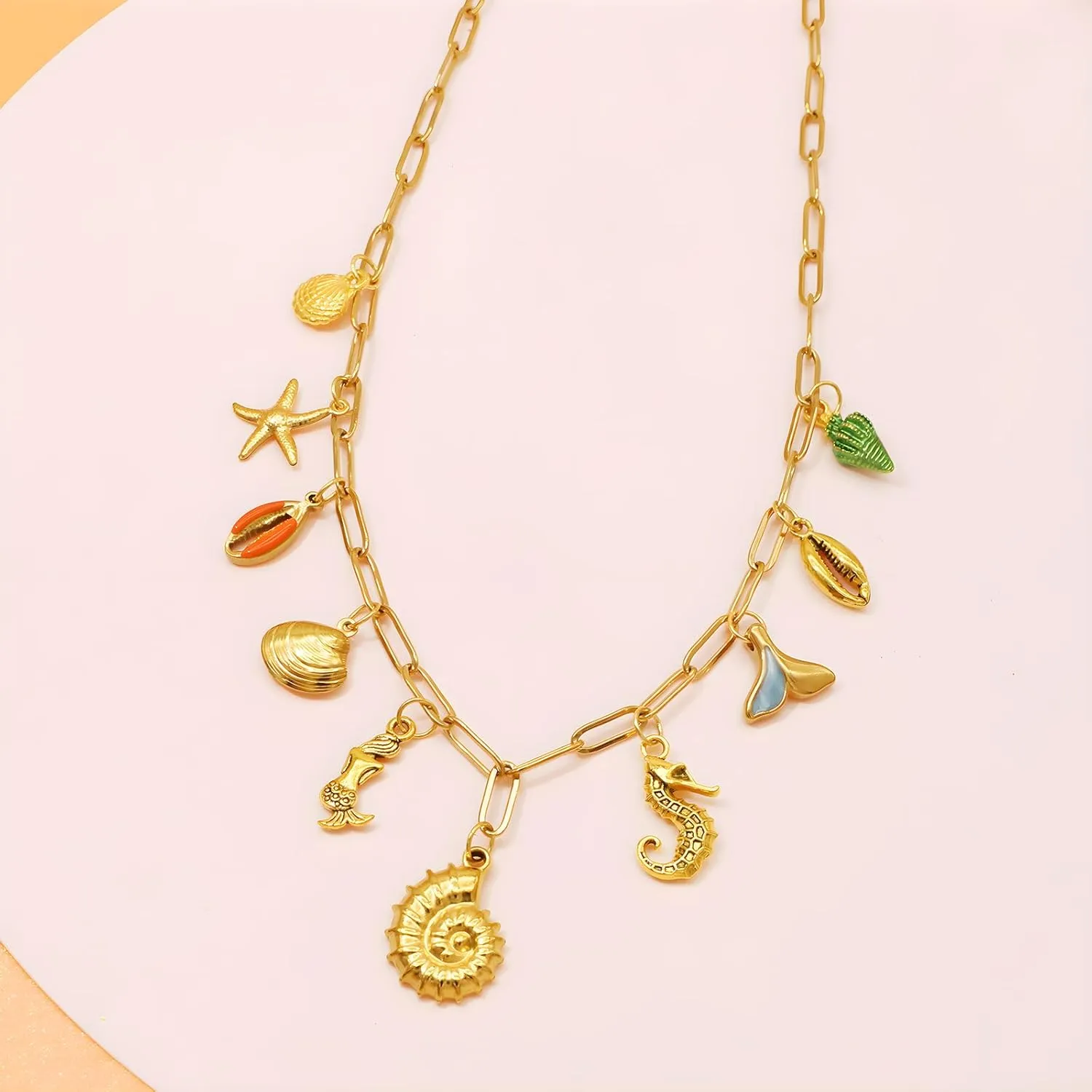 Chunky Retro Heart Necklace for Women Antique Layer Beach Ocean Moon Stars Western Boho Charm Necklaces Retro Link Chain Jewelry