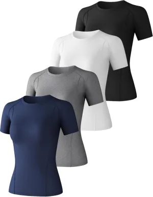CL convallaria 4 Pack Women's Compression Shirt Cool Dry Short Sleeve Workout Tops Athletic Baselayer for Yoga Gym Running