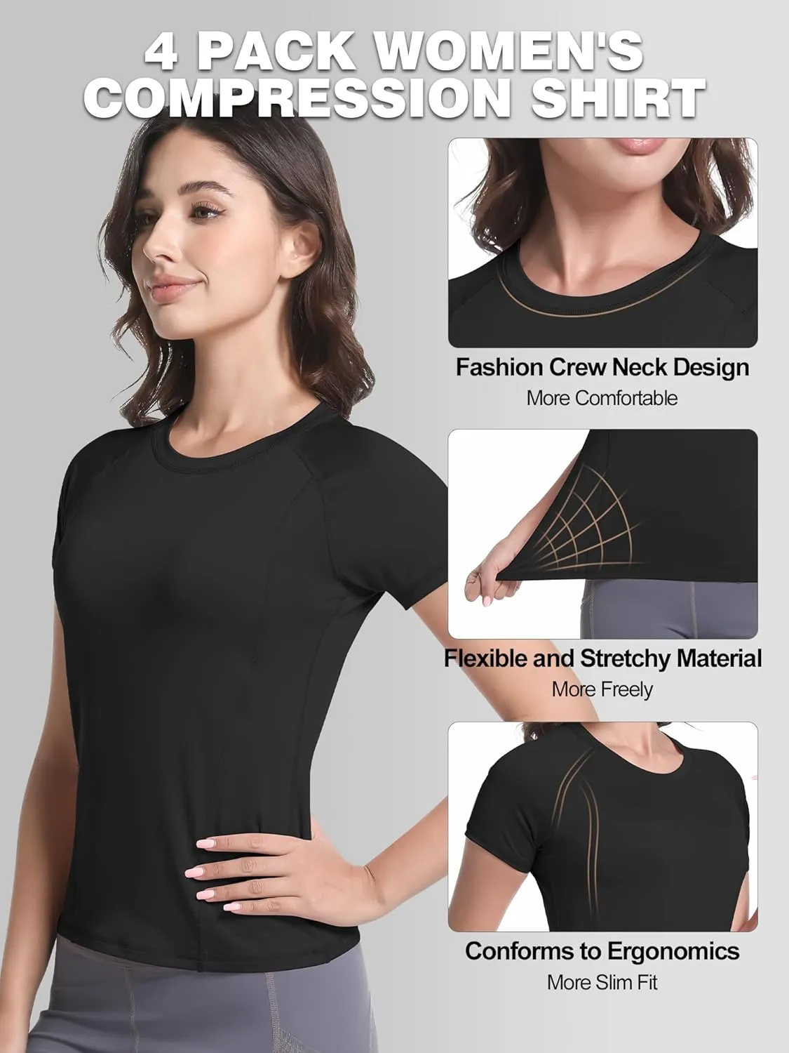CL convallaria 4 Pack Women's Compression Shirt Cool Dry Short Sleeve Workout Tops Athletic Baselayer for Yoga Gym Running