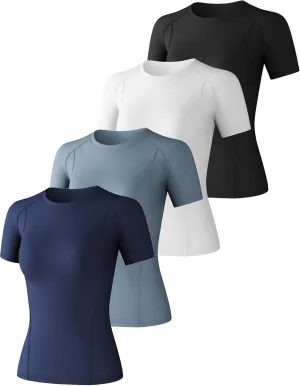 CL convallaria 4 Pack Women's Compression Shirt Cool Dry Short Sleeve Workout Tops Athletic Baselayer for Yoga Gym Running