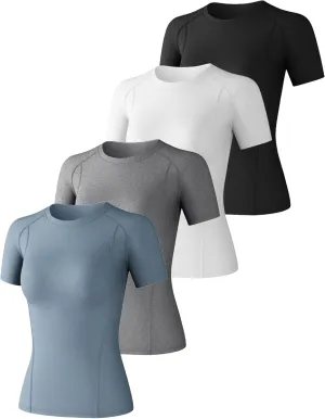 CL convallaria 4 Pack Women's Compression Shirt Cool Dry Short Sleeve Workout Tops Athletic Baselayer for Yoga Gym Running