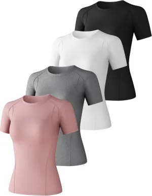 CL convallaria 4 Pack Women's Compression Shirt Cool Dry Short Sleeve Workout Tops Athletic Baselayer for Yoga Gym Running
