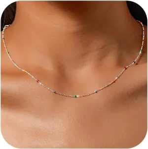 Color Beaded Necklace for Women S925 Sterling Silver CZ Crystal Rainbow Necklace Boho Beaded Choker Necklaces Unique Jewelry Gifts for Women Men Birthday Graduation Gifts
