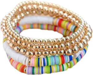 COLORFUL BLING 5Pcs/Pack Bohemia Surfer Gold Beaded Stackable Bracelet Rainbow Vinyl Disc Beaded Stretch Bracelets Friendship Boho Summer Beach Jewelry