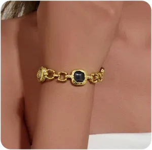 Colorful Gemstones Bracelets for Women, 14k Gold Plated Fashion simple Adjustable Oval Link Bracelet