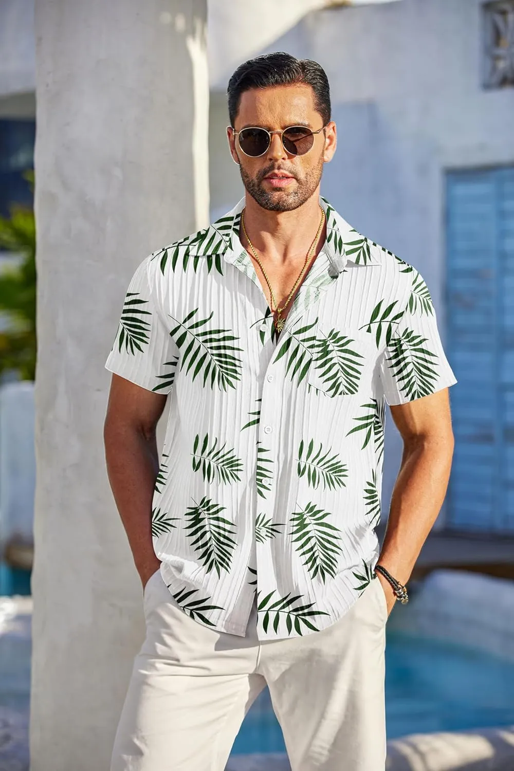 COOFANDY Men's Casual Button Down Shirts Short Sleeve Textured Summer Beach Shirt with Pocket