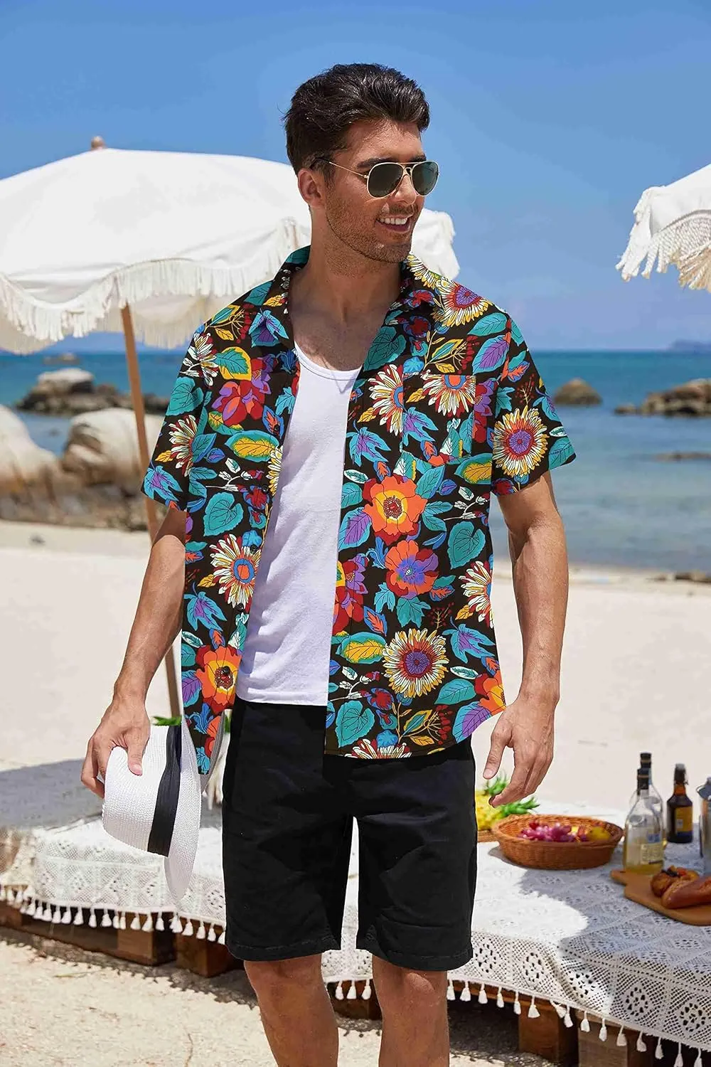 COOFANDY Mens Hawaiian Tropical Shirt Short Sleeve Casual Button Down Floral Summer Beach Shirts with Pocket