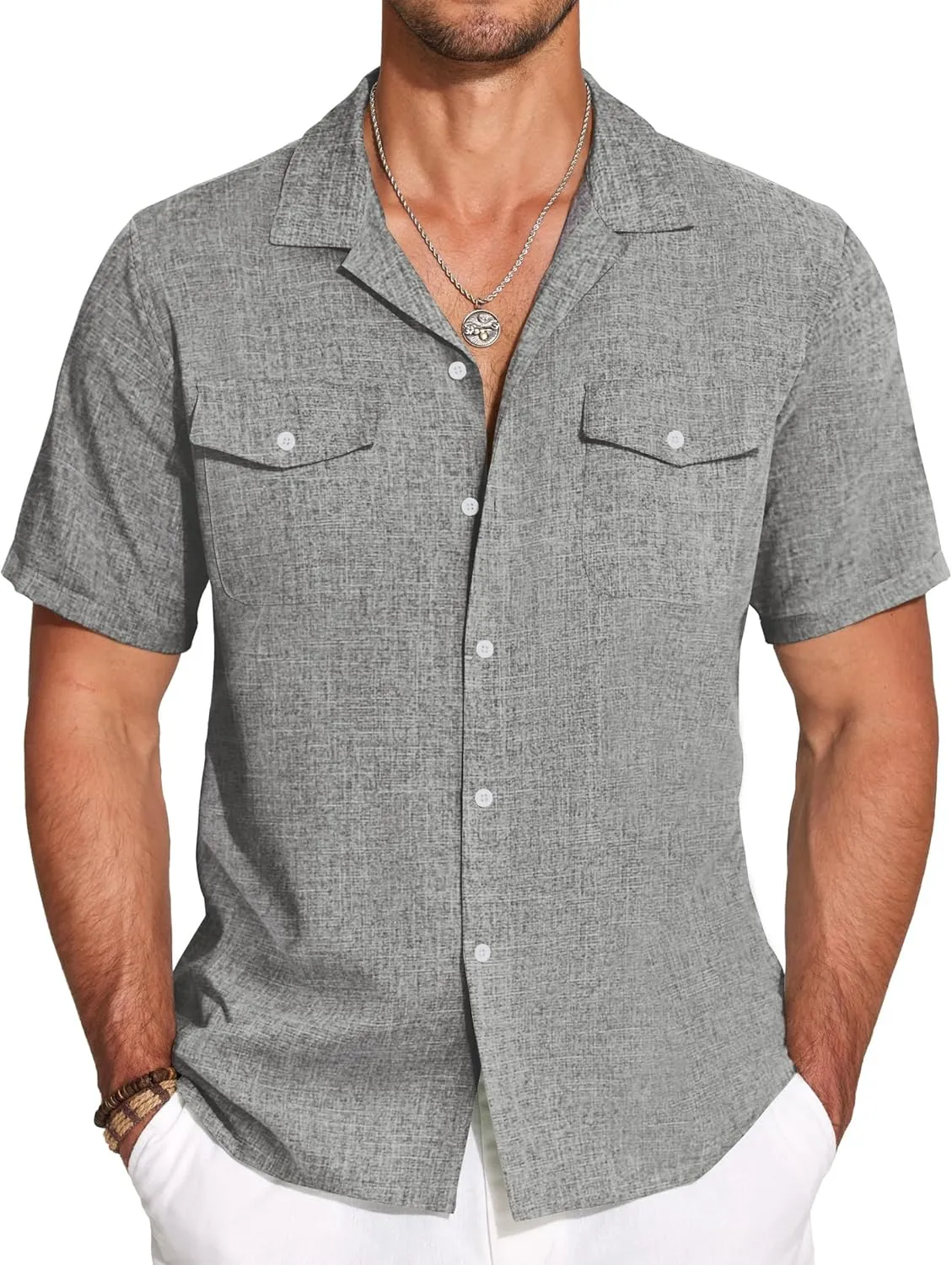 COOFANDY Men's Linen Short Sleeve Button Down Shirt Casual Cuban Collar Summer Beach Shirts Vacation Essentials