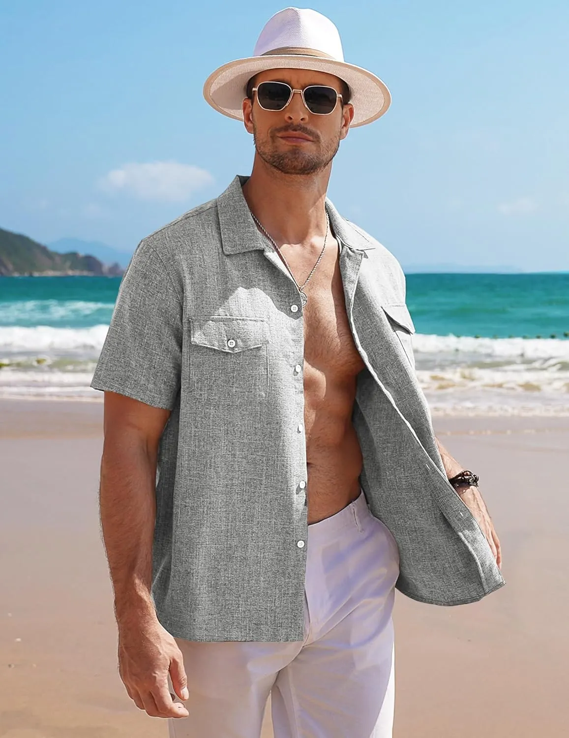 COOFANDY Men's Linen Short Sleeve Button Down Shirt Casual Cuban Collar Summer Beach Shirts Vacation Essentials