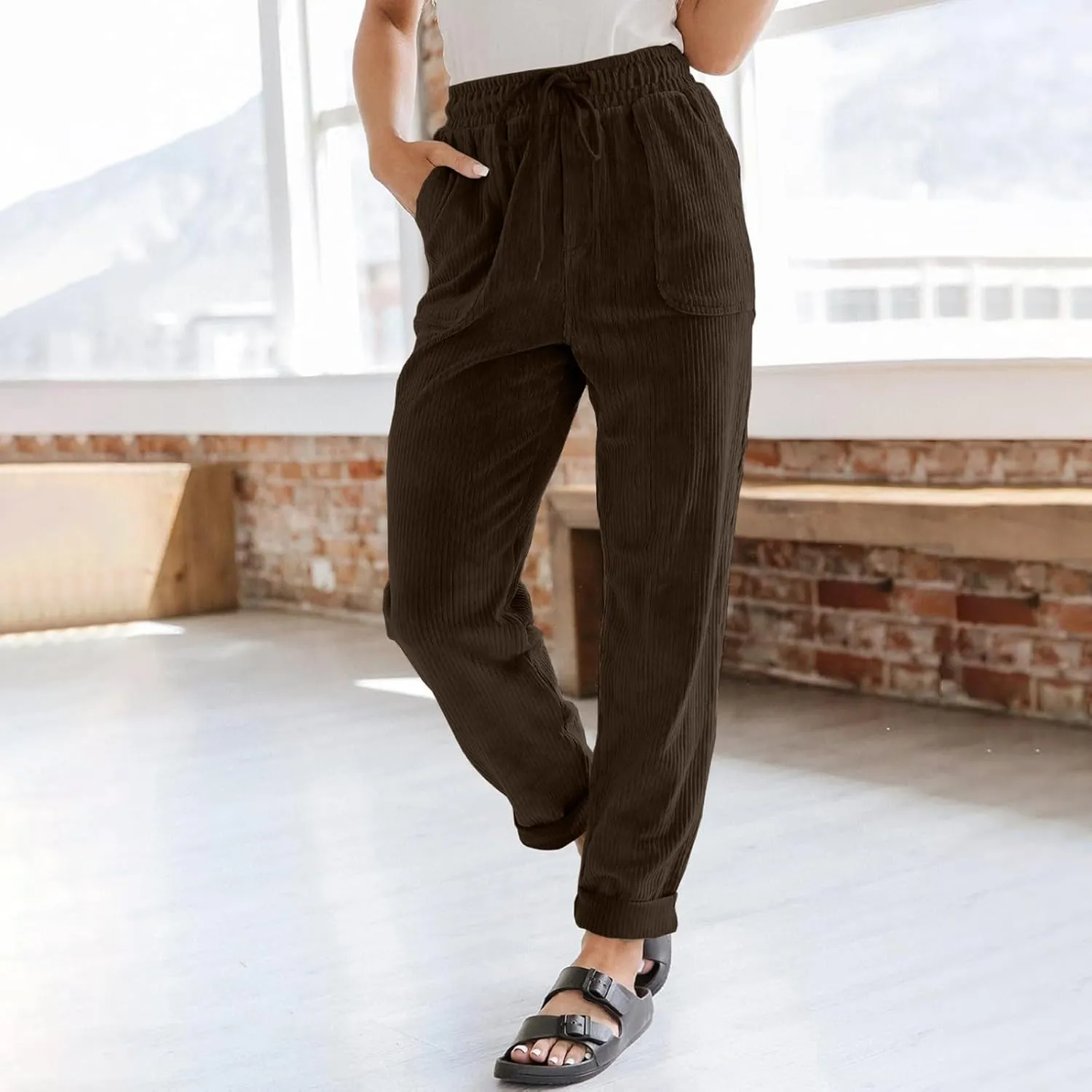 Corduroy Pants Women High Waisted Drawstring Casual Straight Leg Pants Loose Comfy Lounge Pants Trousers with Pockets