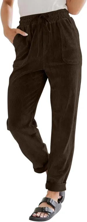 Corduroy Pants Women High Waisted Drawstring Casual Straight Leg Pants Loose Comfy Lounge Pants Trousers with Pockets