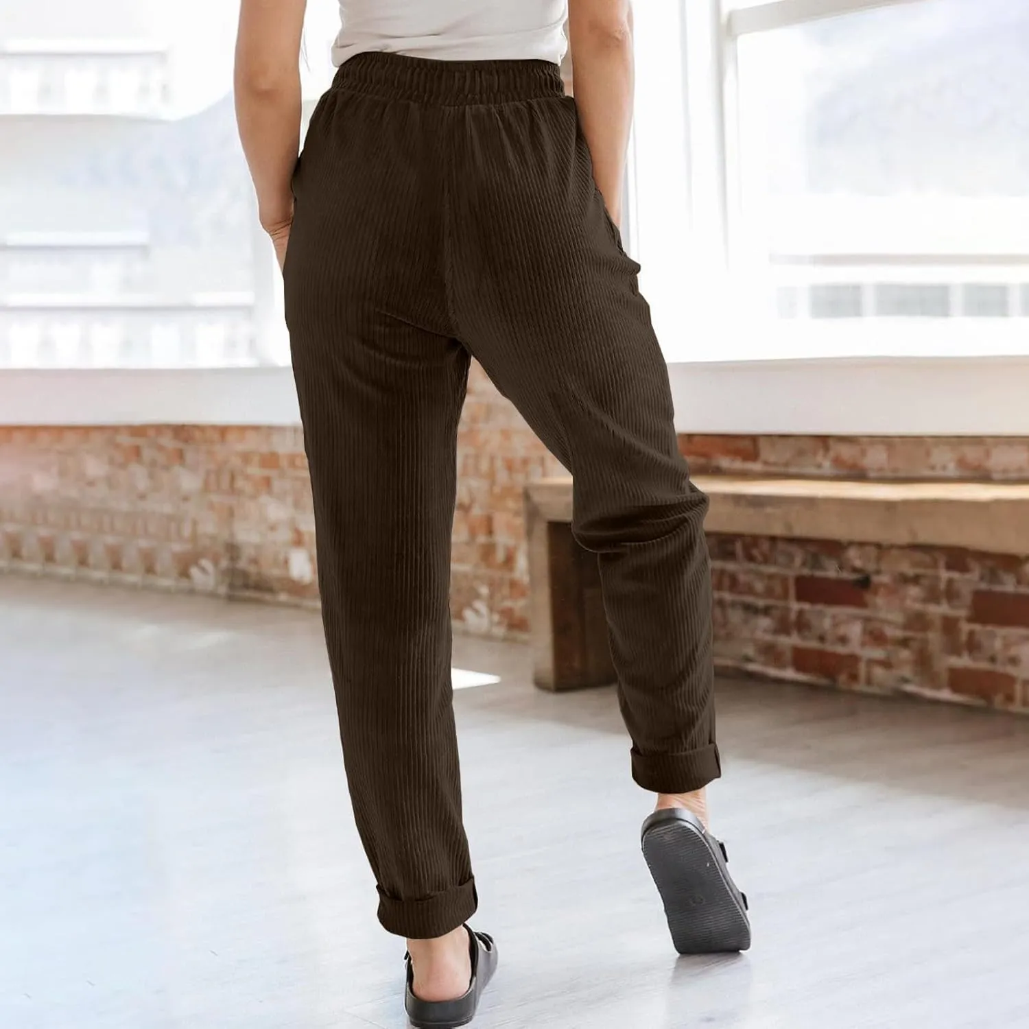 Corduroy Pants Women High Waisted Drawstring Casual Straight Leg Pants Loose Comfy Lounge Pants Trousers with Pockets
