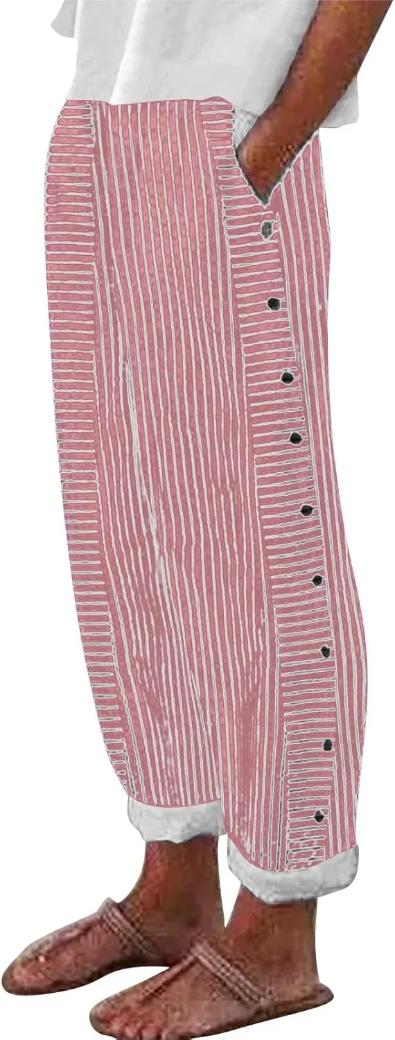 Cotton Linen Joggers for Women Striped Elastic Waisted Wide Leg Plus Size Active Lounge Comfy Trousers with Pockets