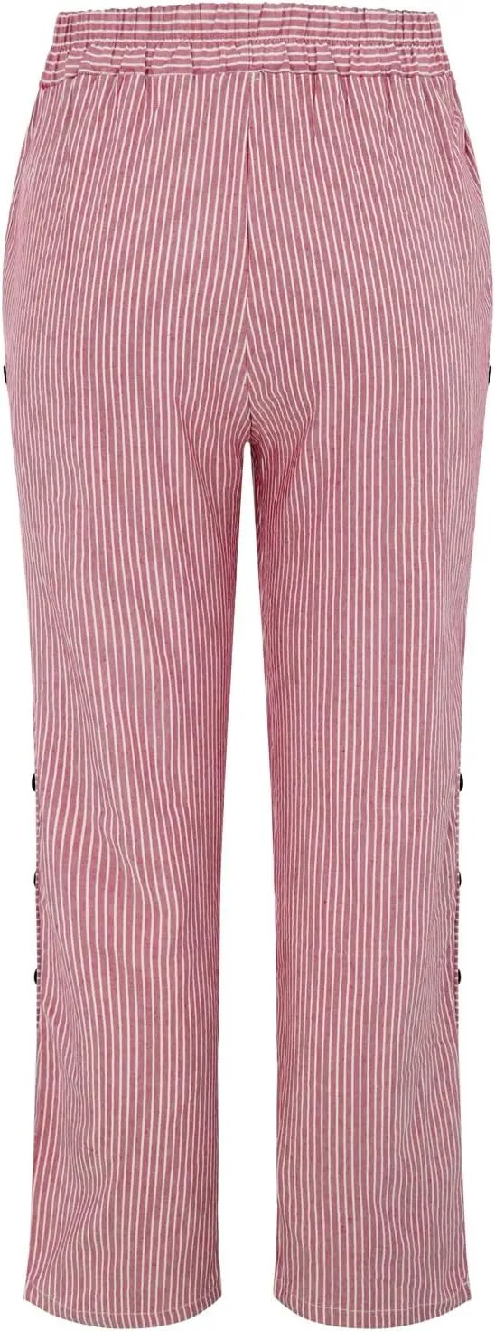 Cotton Linen Joggers for Women Striped Elastic Waisted Wide Leg Plus Size Active Lounge Comfy Trousers with Pockets