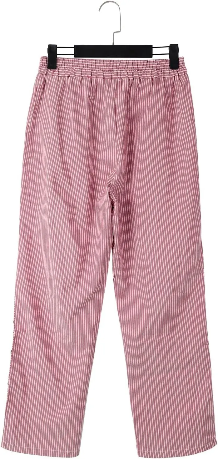 Cotton Linen Joggers for Women Striped Elastic Waisted Wide Leg Plus Size Active Lounge Comfy Trousers with Pockets