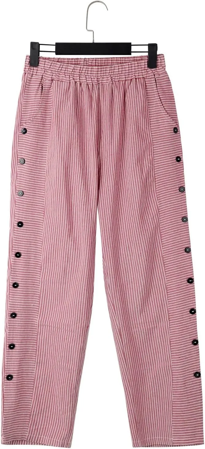 Cotton Linen Joggers for Women Striped Elastic Waisted Wide Leg Plus Size Active Lounge Comfy Trousers with Pockets