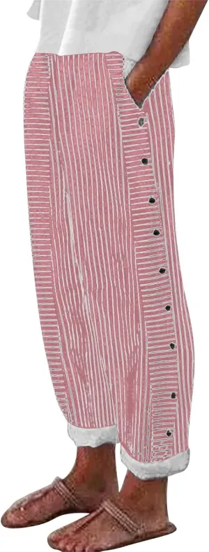 Cotton Linen Joggers for Women Striped Elastic Waisted Wide Leg Plus Size Active Lounge Comfy Trousers with Pockets