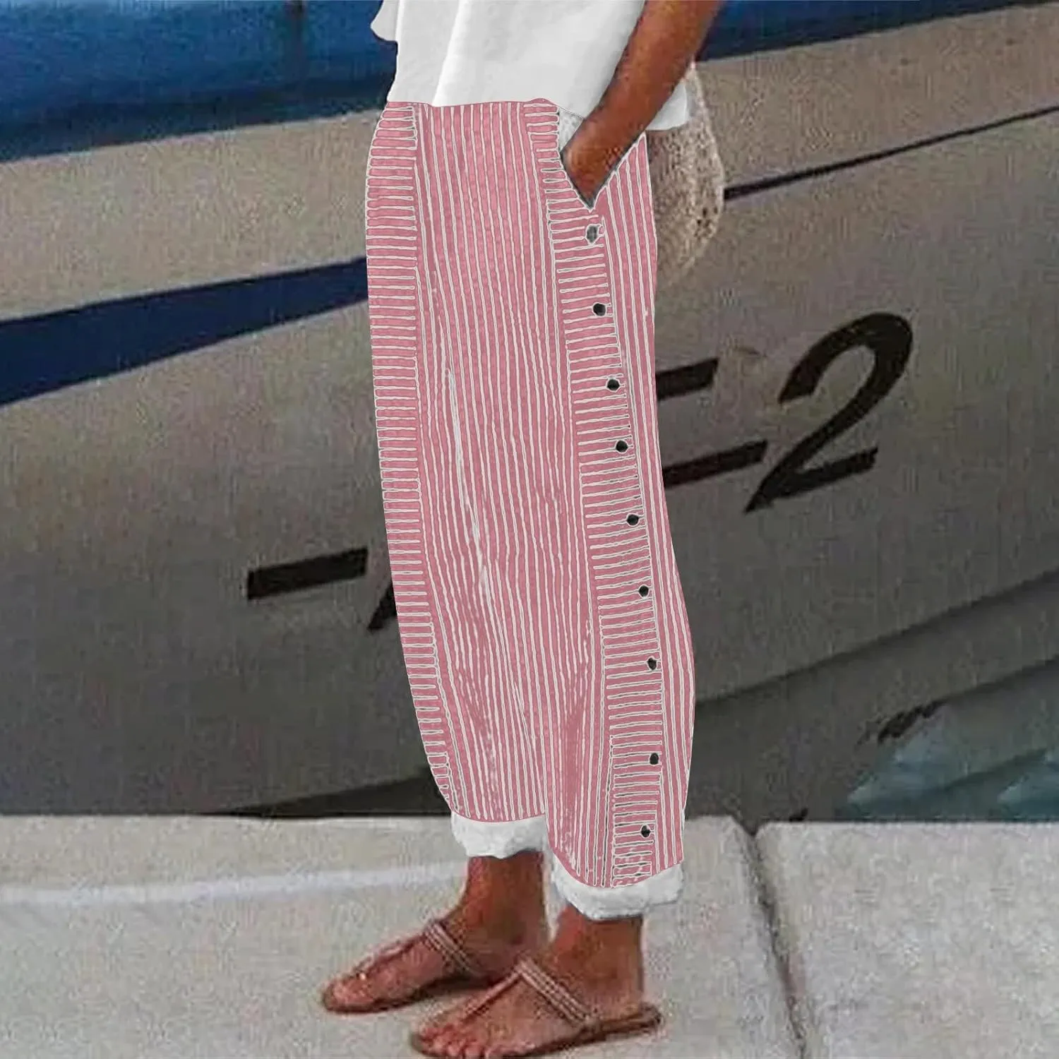 Cotton Linen Joggers for Women Striped Elastic Waisted Wide Leg Plus Size Active Lounge Comfy Trousers with Pockets