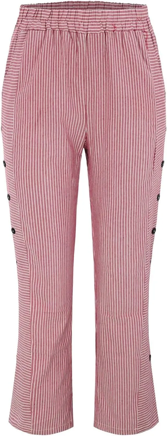 Cotton Linen Joggers for Women Striped Elastic Waisted Wide Leg Plus Size Active Lounge Comfy Trousers with Pockets