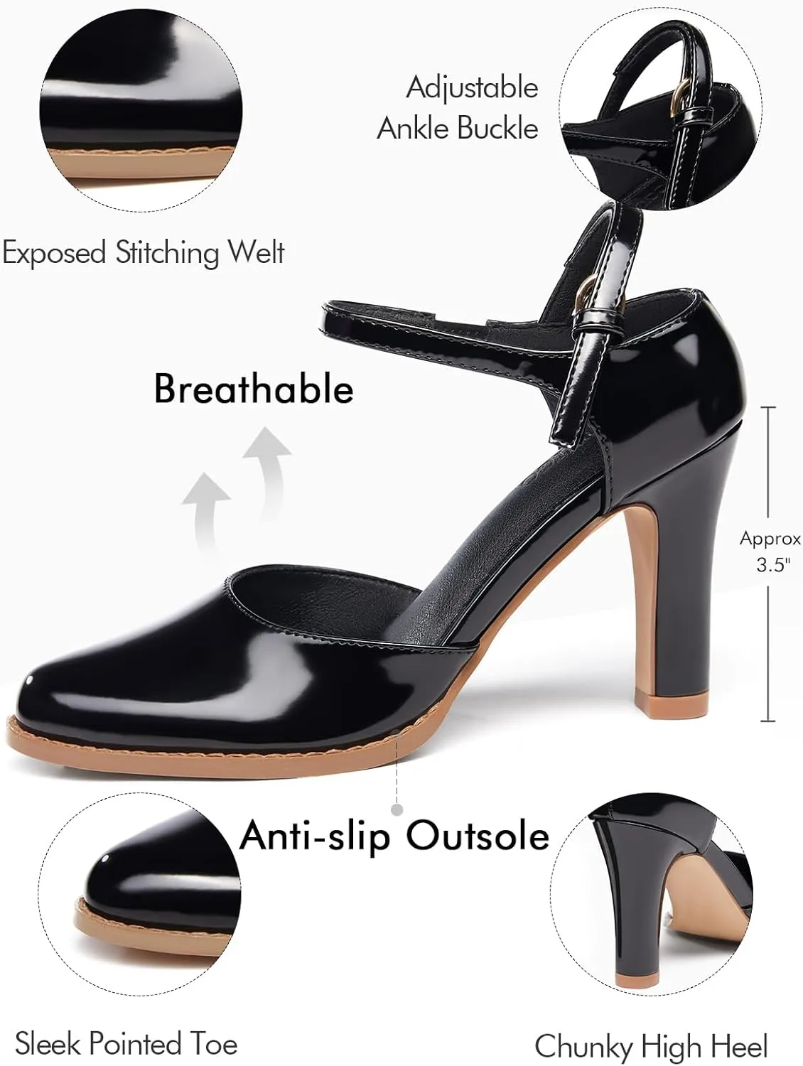 Coutgo Womens Chunky High Heels Closed Pointed Toe Ankle Strap Pumps Vintage D'Orsay Dress Party Shoes