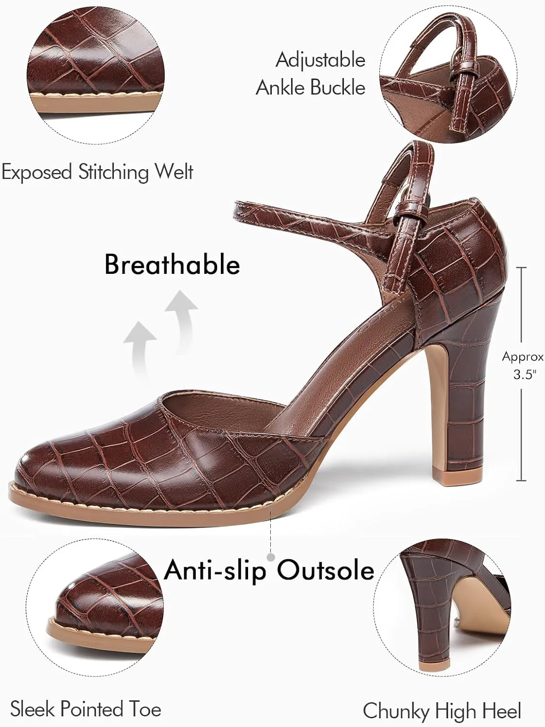Coutgo Womens Chunky High Heels Closed Pointed Toe Ankle Strap Pumps Vintage D'Orsay Dress Party Shoes