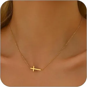 Cross Necklace for Women 18K Gold Plated Dainty Tiny Sideways Cross Choker Necklace Adjustable Stainless Steel Trendy Faith Jewelry