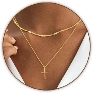 Cross Necklace for Women Gold/Silver Plated Layered Dainty Cross Chain Trendy Choker Satellite Charm Small Crucifix Pendant Gold/Silver Necklace Stackable Hypoallergenic Delicate Gift for Women
