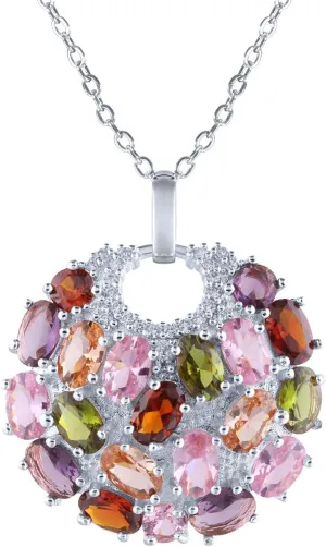 Crystal Colorized Cubic Zirconia Laminated Flower Pendant Necklace with 17.32 1.96 in Extender Chain for Women | Necklace extender | Crystal Necklace | Flower Necklace |Silver Multi Color Necklace